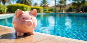Piggy Bank sitting by a pool on a sunny day | Winway Pools