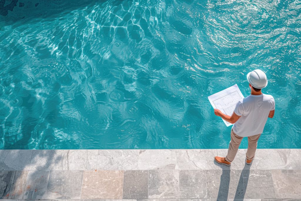 Engineer with a plan looking over a custom pool | Winway Pools