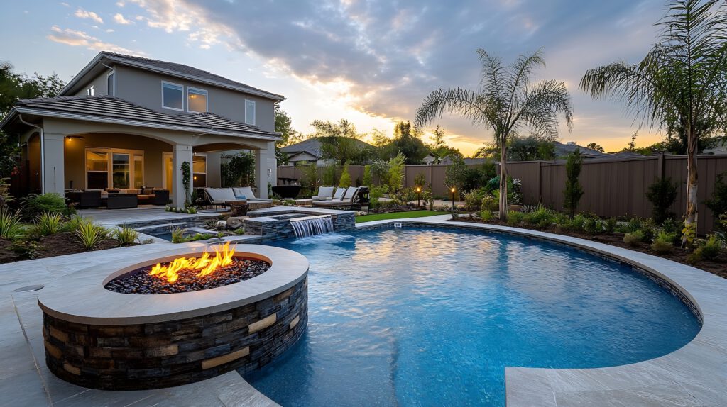 Custom heart shaped pool with fire pit at dusk | Winway Pools