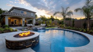 Custom heart shaped pool with fire pit at dusk | Winway Pools