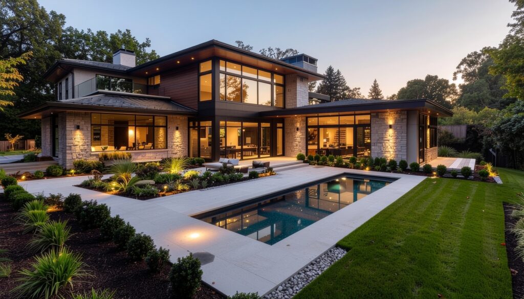 Modern Custom Pool at Night With Landscaping | Winway Pools