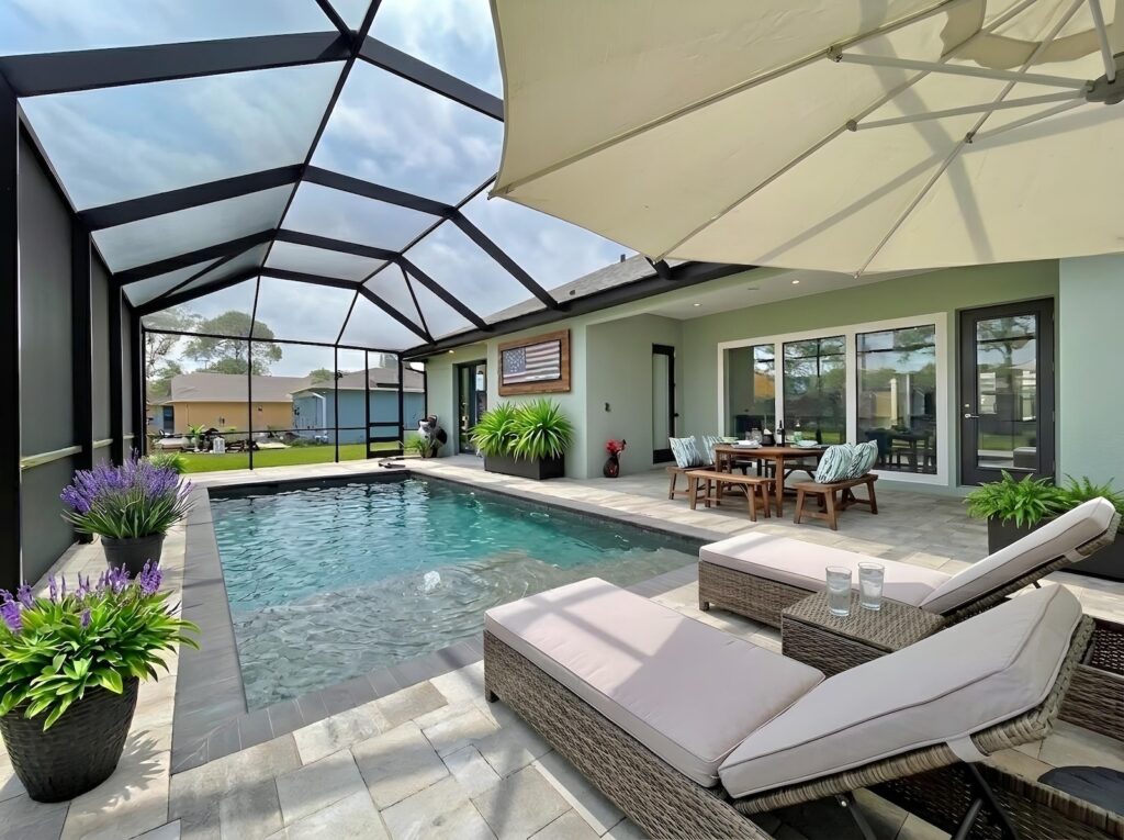 Covered outdoor living space with screened pool, lounge seating, and dining area