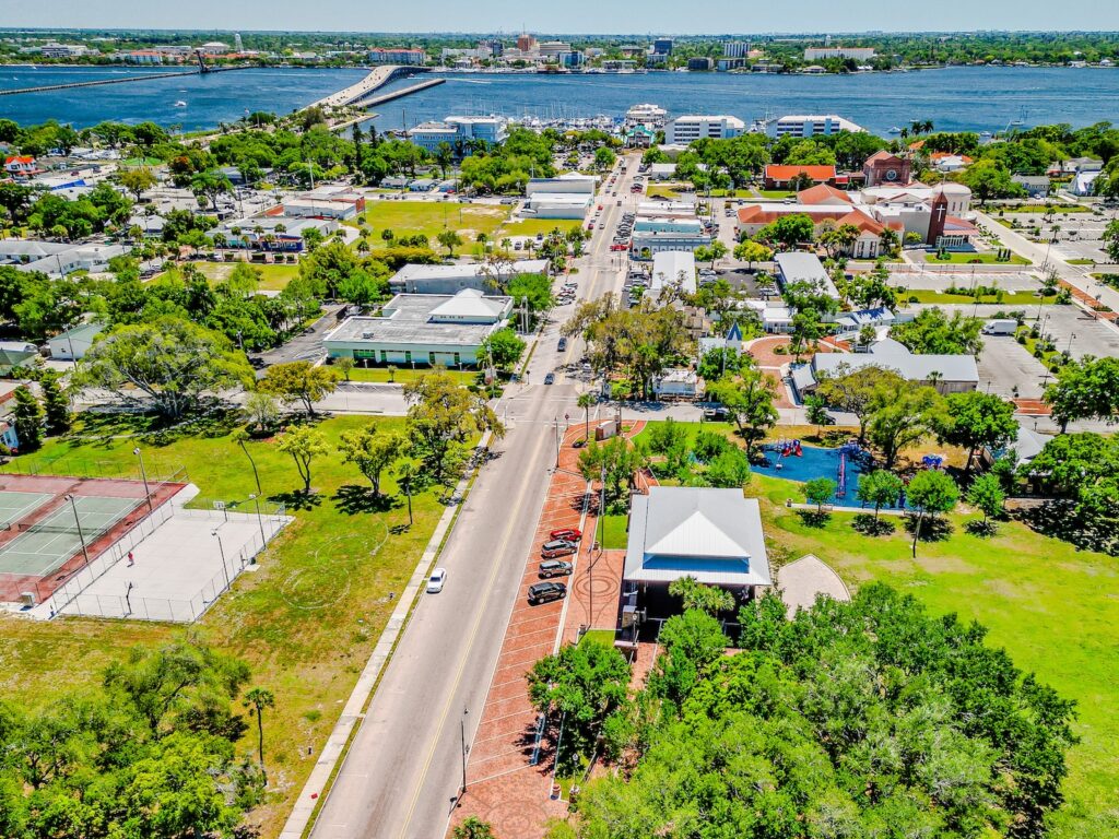 Aerial View of the Scenic Palmetto, Florida Area with Homes and Pools